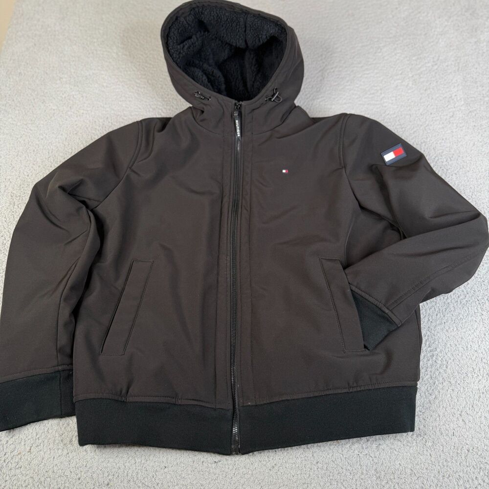 TOMMY HILFIGER Hooded Jacket Large Water Wind Resistant Soft Shell Sherpa Lined